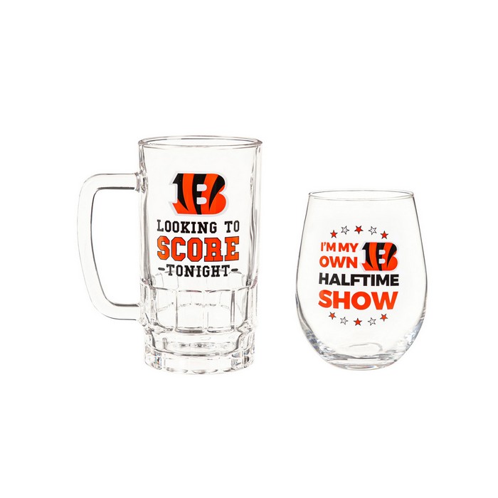 Evergreen Enterprises Cincinnati Bengals Drink Set Boxed 17oz Stemless Wine and 16oz Tankard