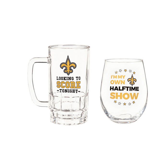 Evergreen Enterprises New Orleans Saints Drink Set Boxed 17oz Stemless Wine and 16oz Tankard