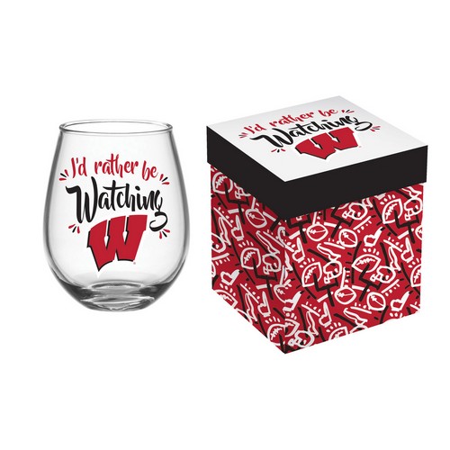 Wisconsin Badgers Glass 17oz Wine Stemless Boxed