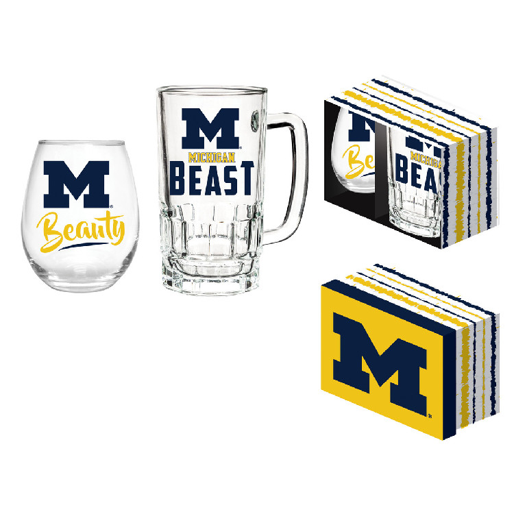 Michigan Wolverines Drink Set Boxed 17oz Stemless Wine and 16oz Tankard