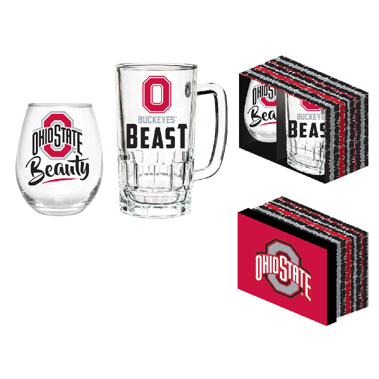 Ohio State Buckeyes Drink Set Boxed 17oz Stemless Wine and 16oz Tankard