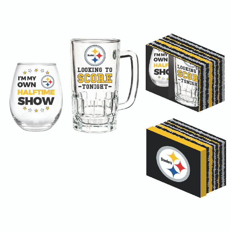 Pittsburgh Steelers Drink Set Boxed 17oz Stemless Wine and 16oz Tankard