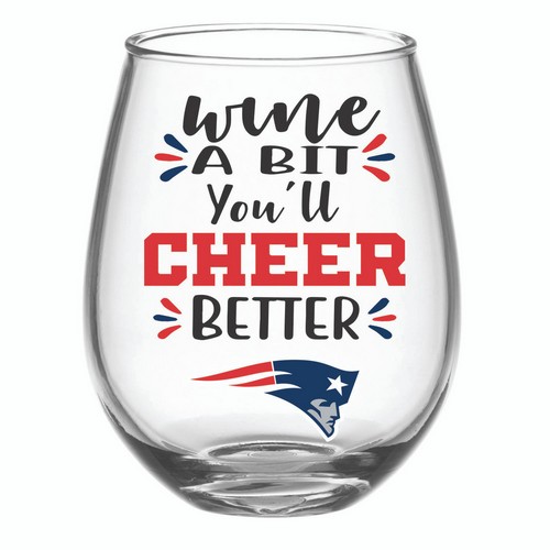 New England Patriots Glass 17oz Wine Stemless Boxed