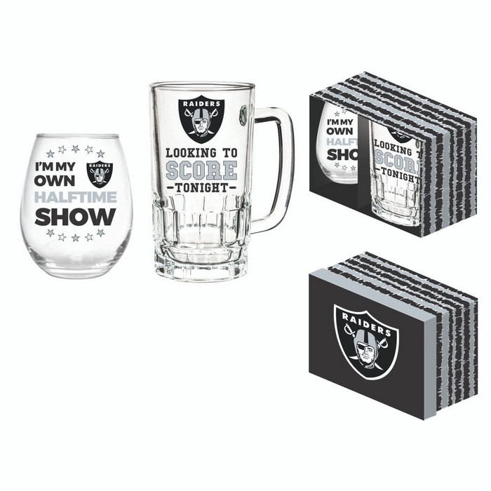 Evergreen Enterprises Las Vegas Raiders Drink Set Boxed 17oz Stemless Wine and 16oz Tankard