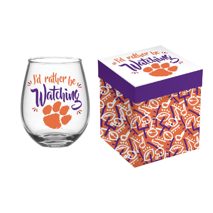 Clemson Tigers Glass 17oz Wine Stemless Boxed