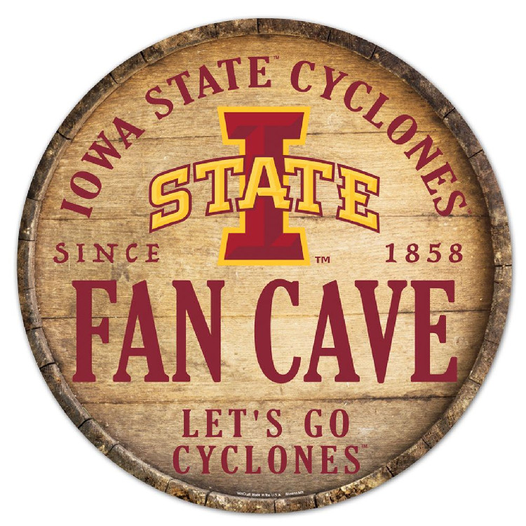 Iowa State Cyclones Sign Wood 14 Inch Round Barrel Top Design