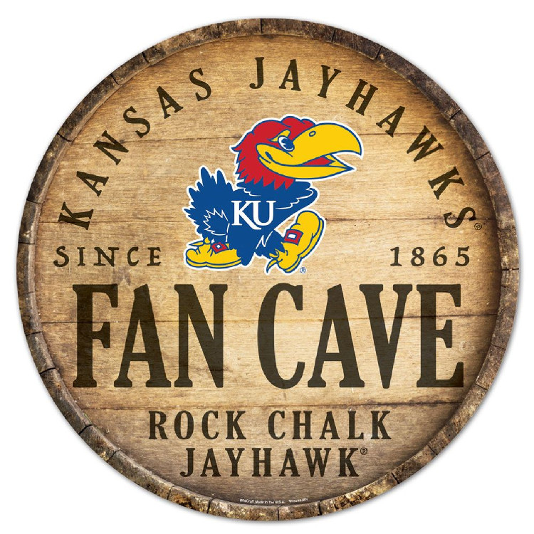 Kansas Jayhawks Sign Wood 14 Inch Round Barrel Top Design