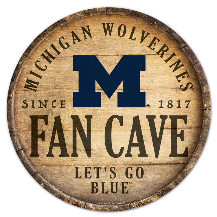 Michigan Wolverines Sign Wood 14 Inch Round Barrel Top Design