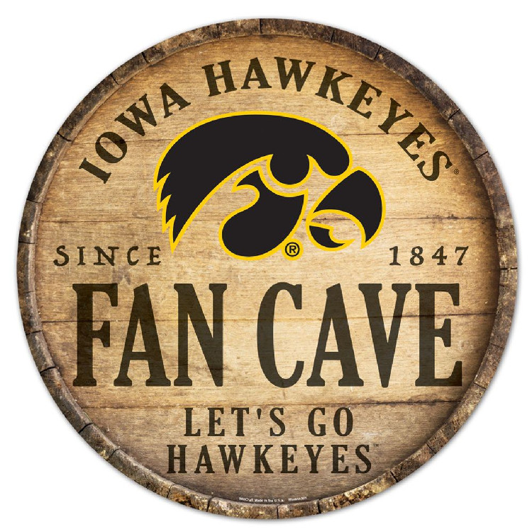 Iowa Hawkeyes Sign Wood 14 Inch Round Barrel Top Design