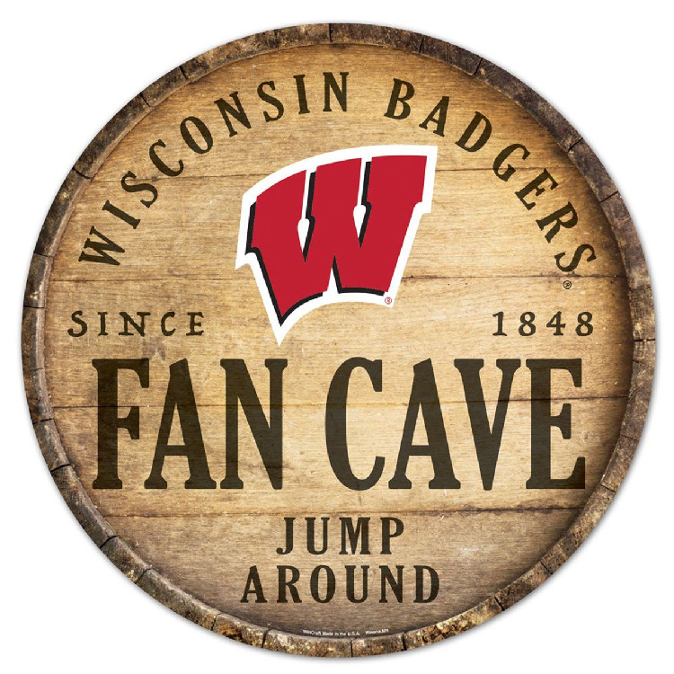 Wisconsin Badgers Sign Wood 14 Inch Round Barrel Top Design