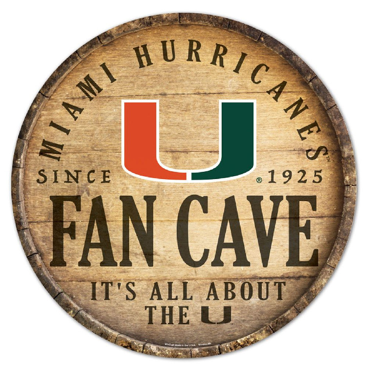 Miami Hurricanes Sign Wood 14 Inch Round Barrel Top Design