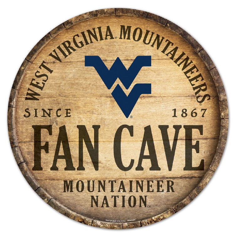 West Virginia Mountaineers Sign Wood 14 Inch Round Barrel Top Design