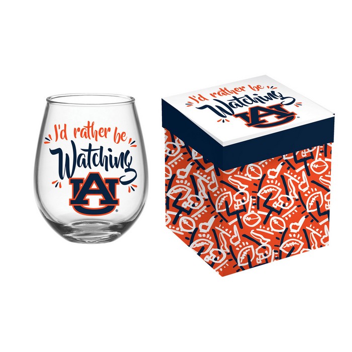 Auburn Tigers Glass 17oz Wine Stemless Boxed