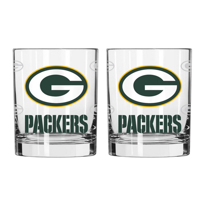 Green Bay Packers Glass - Rocks Style - Satin Etch - 14 oz -