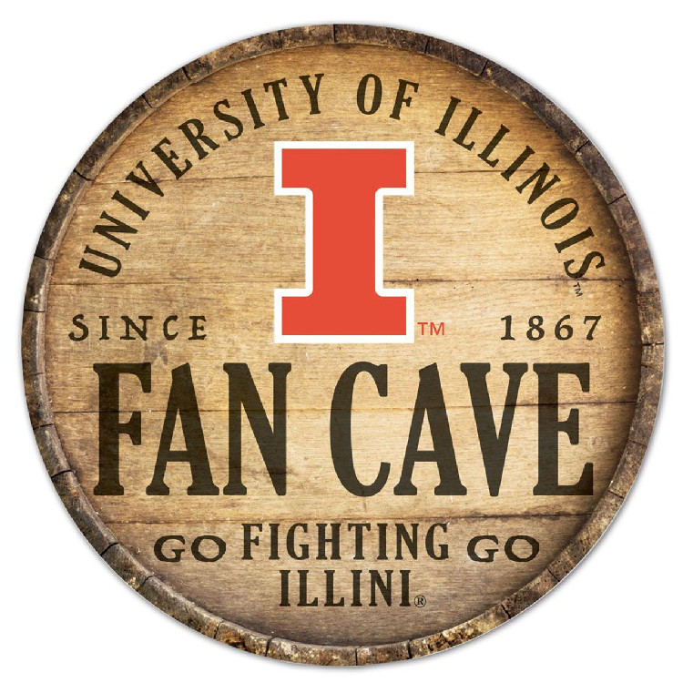 Illinois Fighting Illini Sign Wood 14 Inch Round Barrel Top Design