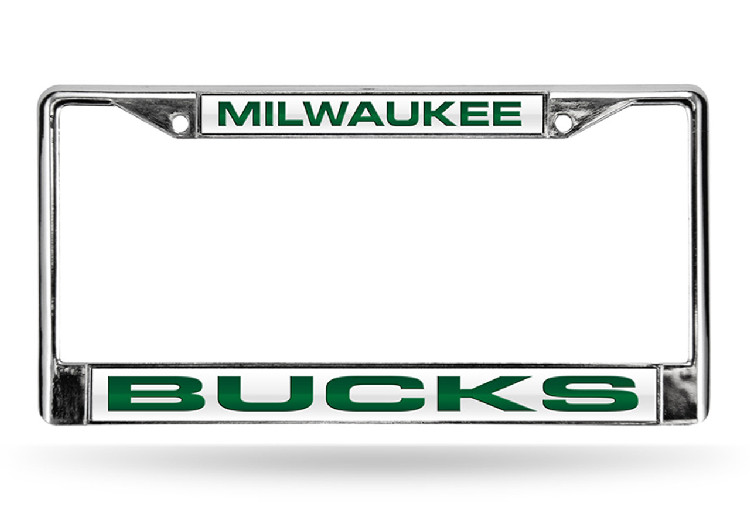 Milwaukee Bucks License Plate Frame Laser Cut Chrome White Background with Green Letters