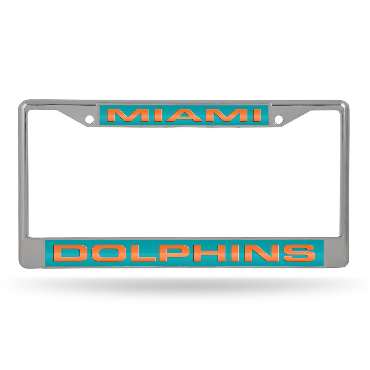 Miami Dolphins License Plate Frame Laser Cut Chrome Green Background