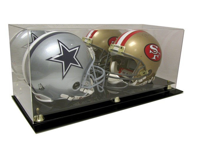 Double Football Helmet Display Case with Mirrored Back & Gold Risers