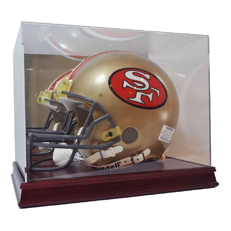 Display Case Football Helmet Mirrored Back and Wood Base