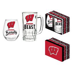 Evergreen Enterprises Wisconsin Badgers Drink Set Boxed 17oz Stemless Wine and 16oz Tankard