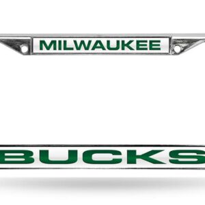 Milwaukee Bucks License Plate Frame Laser Cut Chrome White Background with Green Letters