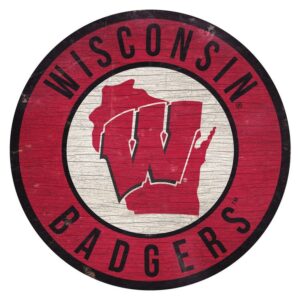 Wisconsin Badgers Sign Wood 12 Inch Round State Design