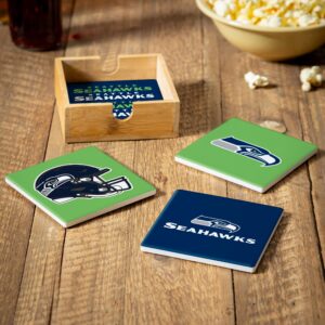Seattle Seahawks Coaster Set 4 Piece with Wood Caddy