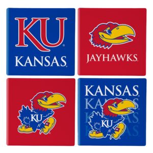 Kansas Jayhawks Coaster Set 4 Piece with Wood Caddy